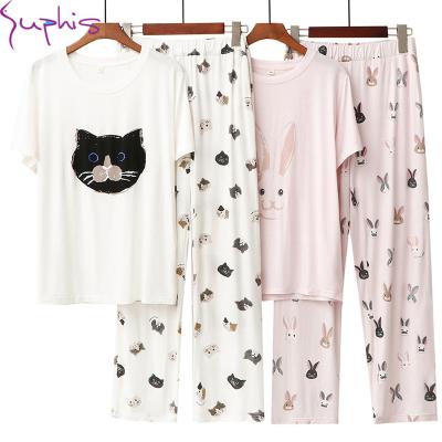 China SUPHIS Spring Breathable Cat Rabbit Modal Home Wear Short Sleeve/Summer Cartoon Pants Homewear Two Piece Set Printing Pajamas Nightgowns News for sale