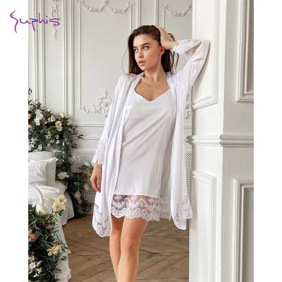 China SUPHIS Women's Breathable Sexy Rayon Lace Up Sleepwear Long Robe Set Along Bridesmaid Casual Home Wedding Bathrobe Kimono Nightgowns for sale