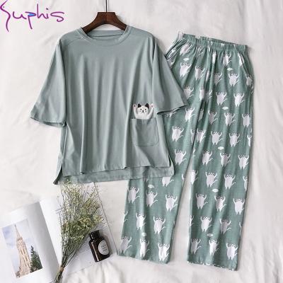 China SUPHIS Breathable Breathable Cotton Pajamas Set Sleepwear Cat Cartoon Printing Ladies Pijama With Soft Pockets New Home Pajamas Women Pajamas Set 2022 for sale