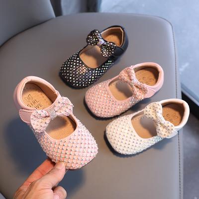 China Breathable Shiny Party Wedding Shoes Little Girl Kids Crystal Elegant Mary Jane Bow Low Heels Princess Girls Shoes for sale