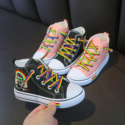 China Foreign Trade Flat Lace-Up Canvas Shoes Soft-unique Rainbow Baby Shoes Children High Top Shoes for sale