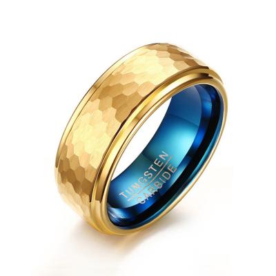 China CLASSIC Jewelry Factory Women Blue And Gold Plated Hammered Tungsten Ring for sale