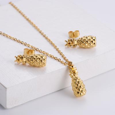 China Cute Stainless Steel Gold Plated Cute Tiny Pineapple Stud Earrings Necklace Fruit Jewelry Set for sale