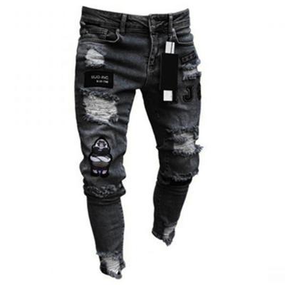 China Viable Mens Biker Embroidery Cartoon Print Stretch Ripped Skinny Jeans Distressed Hole Fit Slim Denim High Quality Hip Hop Black Jeans for sale