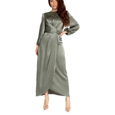 China New Anti-wrinkle Women's Elegant Long Sleeves Belted Dress European Dubai Satin Maxi Long Skirt for sale