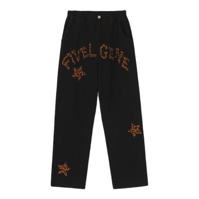 China Anti-Wrinkle Custom Jeans Fashion New High Quality Casual Street Black Leopard Embroidered Denim Pants Mens Jeans for sale