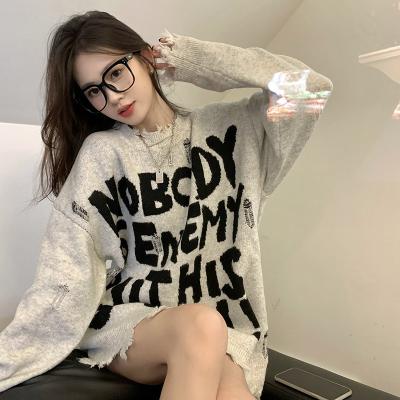 China American style new design autumn and winter sweater long sleeved loose length ripped sweater Anti-wrinkle mid-sleeve letters sense for sale