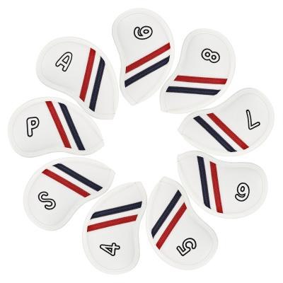 China PU Factory Supply PU Leather White &Blue Red Stripes Customized Logo Golf Club Iron Cover for sale