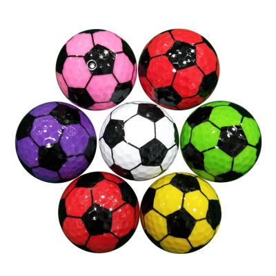 China Rubber+Surlyn Synthetic Wholesale Football Pattern Two Layer Driving Range Practice Color Golf Balls for sale