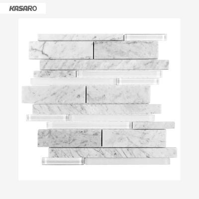 China Parquet Polished Carrara Linear Glass White Marble Mosaic Bathroom Wall Slab for sale