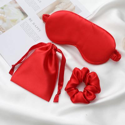 China Fashion trend multi colors sleeo eye mask bag nourishing silk hair tie 3 pieces set light daily shade sleeping travel silk eye mask for sale