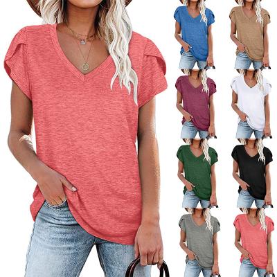 China 2021 New Fashion Women's T-shirt Solid Color QUICK DRY Stylish Ladies Stitch V Neck Casual Short Sleeve Female Tops for sale