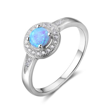 China Women's Romantic Opal Wedding Band Ring Round Shaped Silver Halo Jewelry for sale