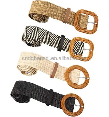 China Clothing Accessories Wholesale Fashion Skinny Creative Elastic Sealing Around Wooden Buckle Ladies Braided Waist Belts Woman Coats Waist Dress Band for sale