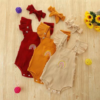 China Spandex/Cotton Fashion Babies Rainbow Rib Stitch Bodysuit Fly Sleeve Newborn Rompers+Headband For Summer for sale