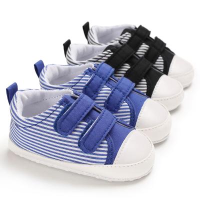 China Walking Shoes Newborn Toddler Shoes Boys Baby Soft Bottom Sports Shoes Slip Stripes Hook and Loop Baby Shoes for sale