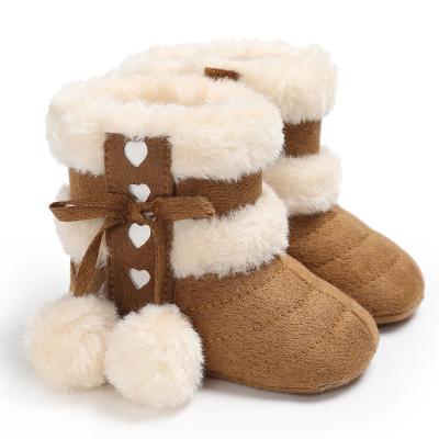 China Plush and Woolen Ball Baby Cotton Anti-slippery Shoes Warm and Soft Bottom Non-slip Baby Shoes in Winter for sale