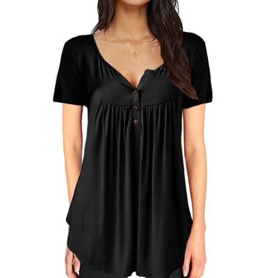 China Other Summer Border Women European And American Solid Loose Short Sleeve Button Top T-Shirt for sale