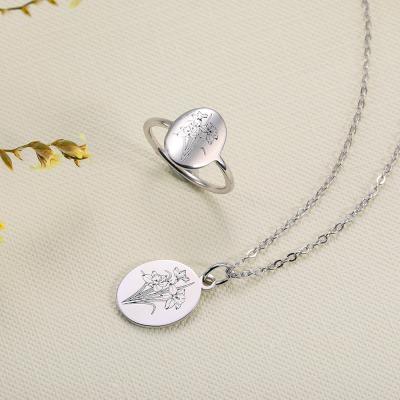 China Custom Jewelry Birthday Gift TRENDY Gold Plated Stainless Steel Birth Flower Ring Necklace Jewelry Set Women Women for sale