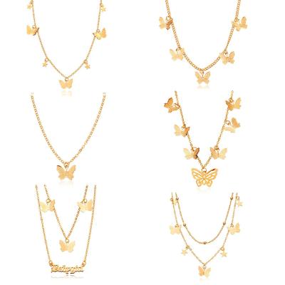 China TRENDY Wholesale Gold Plated Double Charm Chain Stainless Steel Butterfly Necklace Custom Jewelry Set Women for sale