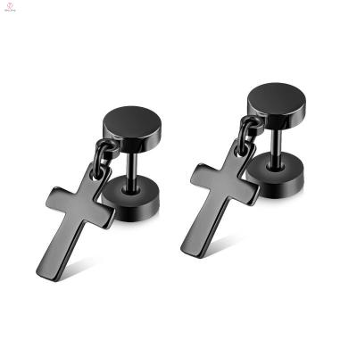 China Statement Punk Barbell Stud Stainless Steel Drop Hanging Mens Cross Earrings for sale