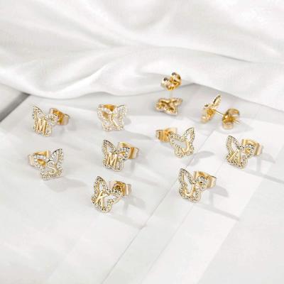 China Fashion jewelry baby kids stainless steel custom zirconia bling earrings small butterfly initial letter kids earrings for sale