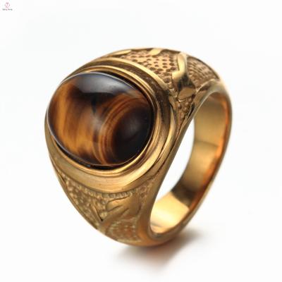 China 2019 New Arrival CLASSIC Gold Tiger Eye Stone Ring , Mens Vintage Stainless Steel Tiger Eye Ring for sale