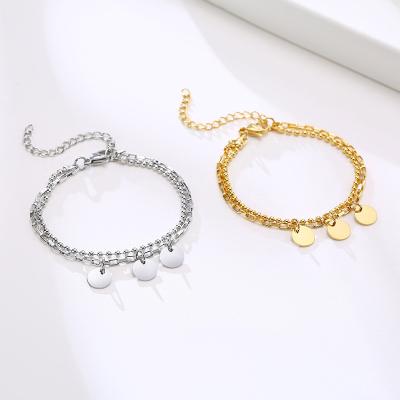 China FASHIONABLE Women Charm Bracelets Jewelry Custom Round Coin Stainless Steel Gold Plated Engrave Disc Chain Bead Charm Bracelet for sale