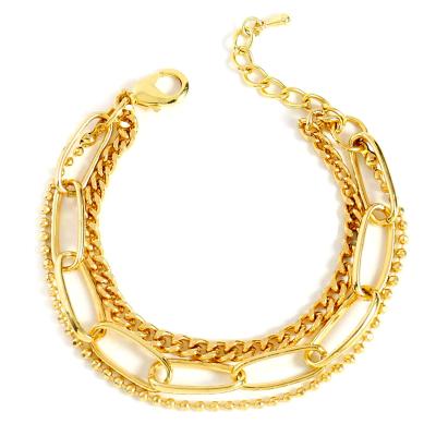 China Fashionable Statement Jewelry Wholesale Custom Layered Stainless Steel 3 14k Gold Plated Chain Bracelet Women for sale