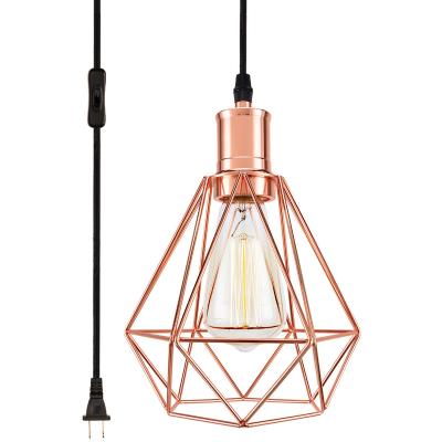 China Hotel Cage Pendant Light Cage Form With Plug In 15Ft Braided Rope And Hanging Lamp With Morden Rose Gold Socket Swag Lighting for sale