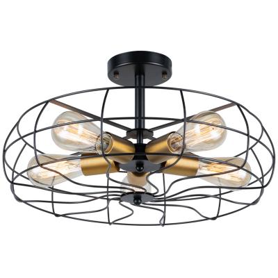 China Surface Mounted Semi Flush Mount Ceiling Light Vintage Pendant Lights Industrial Black Metal Cage Hanging Chandelier Fan Style for sale