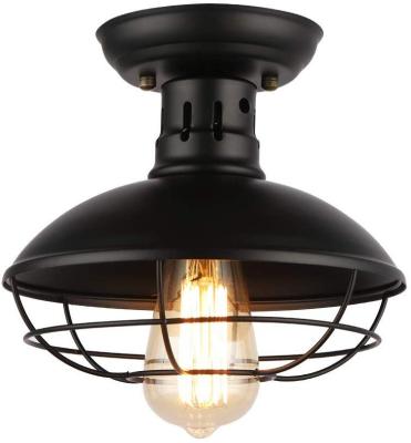 China Outdoor Mounted Industrial Ceiling Lamp Vintage Black Metal Cage Pendant Lighting Semi Flush Mount Ceiling Light Fixture for sale