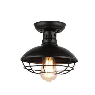 China Industrial Vintage Exterior Mounted Black Semi Flush Mount Cage Ceiling Lamp Pendant Lighting Indoor Ceiling Light Lighting for sale