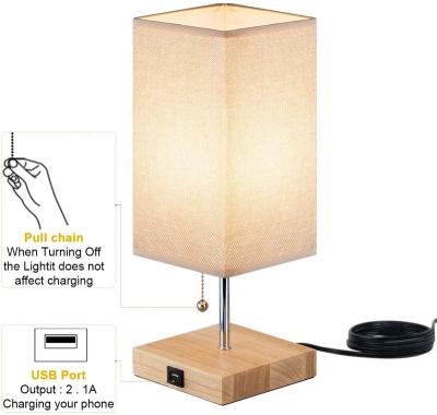 China Modern Table Desk Lamp, Link Shade Bedside Nightstand Light Beige with USB Charging Port, Solid Wood Base, Convenient Pull Chain for sale