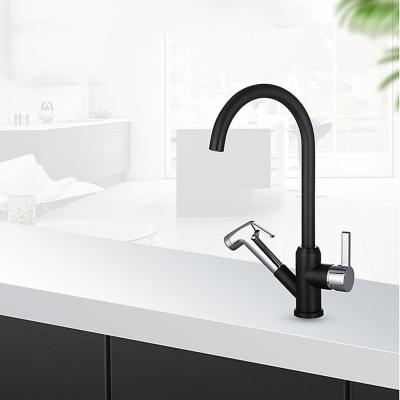 China Modern Hot And Cold Water Mixer Pull Out Kitchen Faucet Double Hose Double Handle Kitchen Sink Faucet for sale