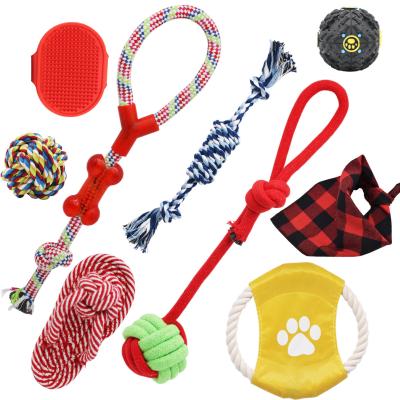 China Viable Dog Gift Set Dog Cotton Rope Chew Toys With Pet Bandana Grooming Brush for sale