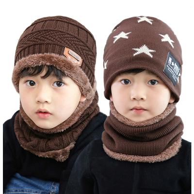 China COMMON 2 styles children's winter knitted cap and hat set plush girls boy girls cap kids hat scarf star collar knitting cap scarf for sale