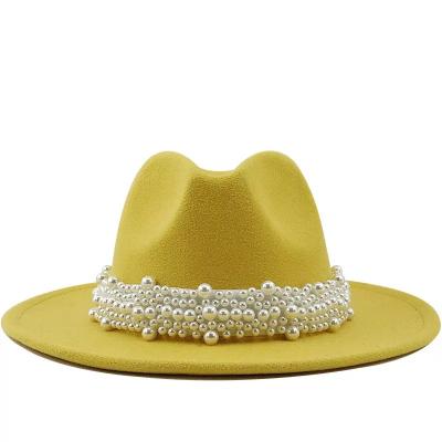 China 2021 Fashion Autumn Wool Felt Fedora Top Jazz Hats Panama Caps With Beads for sale