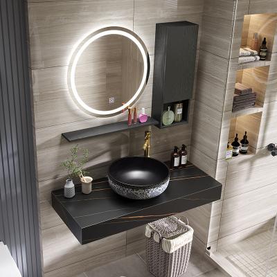 China Customized Environmental Friendly Modern Marble Wood Basin Mirror Door Top Panel Including Ceramic Basin StorageVanity with LED Mirror for sale