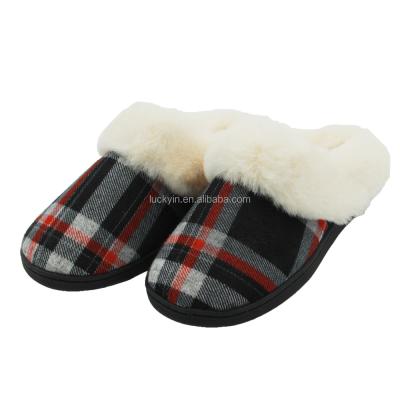 China Fashion Trend Women's Bedroom Plaid Slippers With Fuzzy Plush Real Fur Memory Foam Slip On House Shoes With Non-slip Rubber Sole Indoor for sale