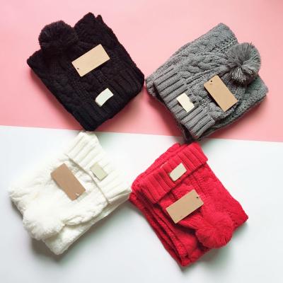 China COMMON Winter Plain Dyed 100% Real Wool Warm Fur Knitted Plush Pom Pom Beanie Scarf Sets for sale