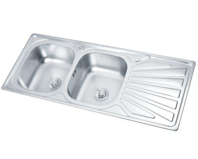 China Without Faucet 304 Stainless Steel Top Mounted Hand Made Double Bowl Kitchen Basin Sink Drain Board for sale