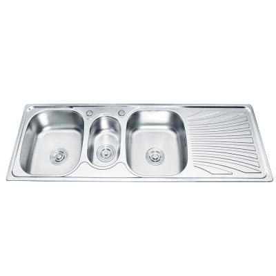 China Without Faucet Hot Sale 1000 480mm 201 304 Stainless Steel Polished Three Bowl Drainer Worktop Kitchen Sink for sale