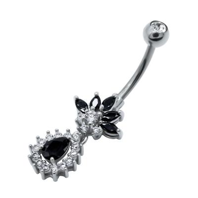 China Black Rhinestone Belly Jewelry Flower Dangle Design Black Clear Gems Belly Rings Volume for sale