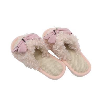 China Fashion Trend Wholesale Satin Bow Fluffy Slippers Indoor Shoes for Women Girls Open Toes Faux Fur Slides Fashional Lovely ROOM Fur Slipper for sale