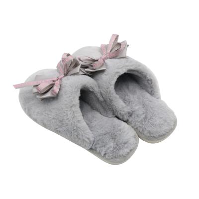 China Cushioning HOT selling comfort solid flat heeled women's home bow fluffy furry slippers anti-slip fashional winter ribbon room warm Slipper for sale