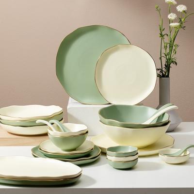 China Stocked Porcelain Dinner Dishes Gold Edge 6 Person Nordic Irregular Dinnerware Set Online Shopping for sale