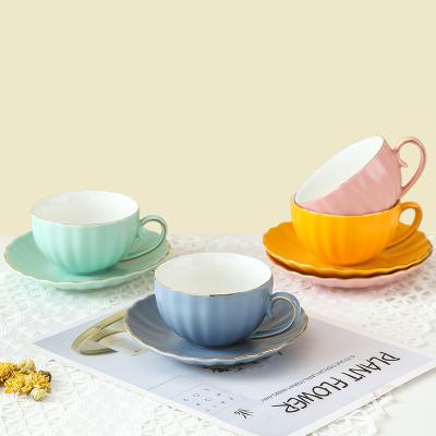 China 200ml Gold Porcelain Tea Cup and Saucer Viable Luxury Matte Color Tazas Afternoon Coffee Custom Cup with Saucer Set for sale