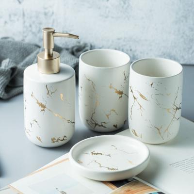 China Viable Custom Made White Marble Home Bathroom Accessories Hotel Effect Ceramic Bathroom Set for sale