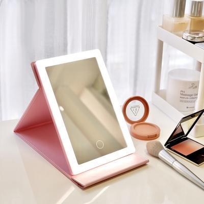 China Portable Single Side Plastic Rechargeable Folding Led Touch Lighted Makeup Mirror Square Travel Vanity Makeup Mirror Lighted Mirror for sale